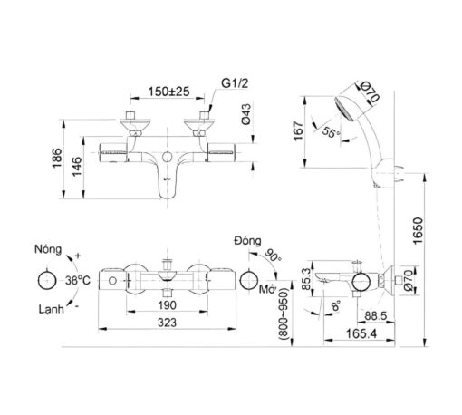 Bản vẽ vòi sen tắm INAX BFV-3413T-3C nhiệt độ