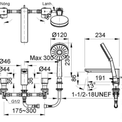 Vòi Sen Tắm Gắn Bồn INAX BFV-5013S (BFV5013S) Nóng Lạnh 3 Bảng vẽ kĩ thuật sen tắm bồn INAX BFV-5013S nóng lạnh