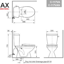 Bồn cầu 2 khối INAX C-117VA là mẫu rẻ tiền nhất - Xả mạnh nhất 19 Bản vẽ kỹ thuẩt của bồn cầu INAX C-117VA và C-117VAN