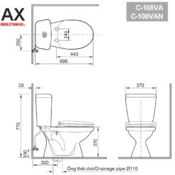 Bản vẽ xí bệt INAX C-108VA và C-108VAN 2 khối
