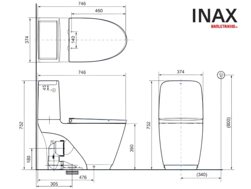 Bản vẽ bàn cầu 2 khối nắp điện tử INAX ACT-832+CW-H20VN