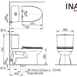 Bản vẽ bồn cầu 2 khối INAX C-514A+CWH17VN nắp điện tử
