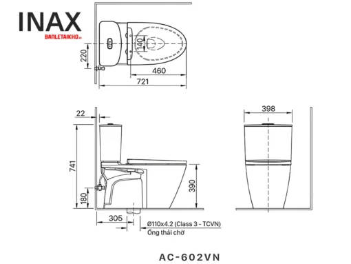 Bản vẽ bồn cầu 2 khối nắp điện tử INAX AC-602+CW-KA22AVN