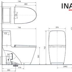 Bản vẽ bồn cầu 2 khối xả tự động nắp rửa cơ INAX ACT-832+CW-S32VN