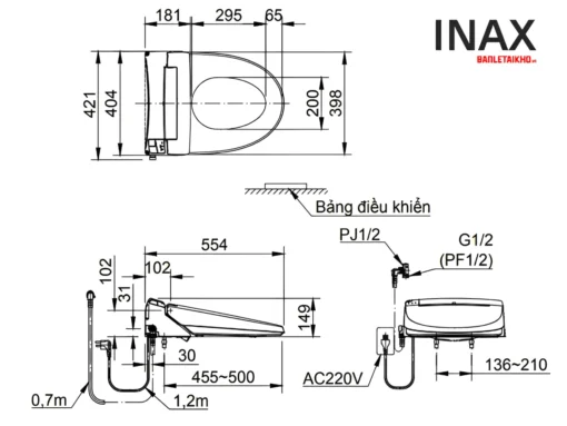 Bản vẽ nắp điện tử bệt 2 khối INAX AC-602 + CW-KA22AVN