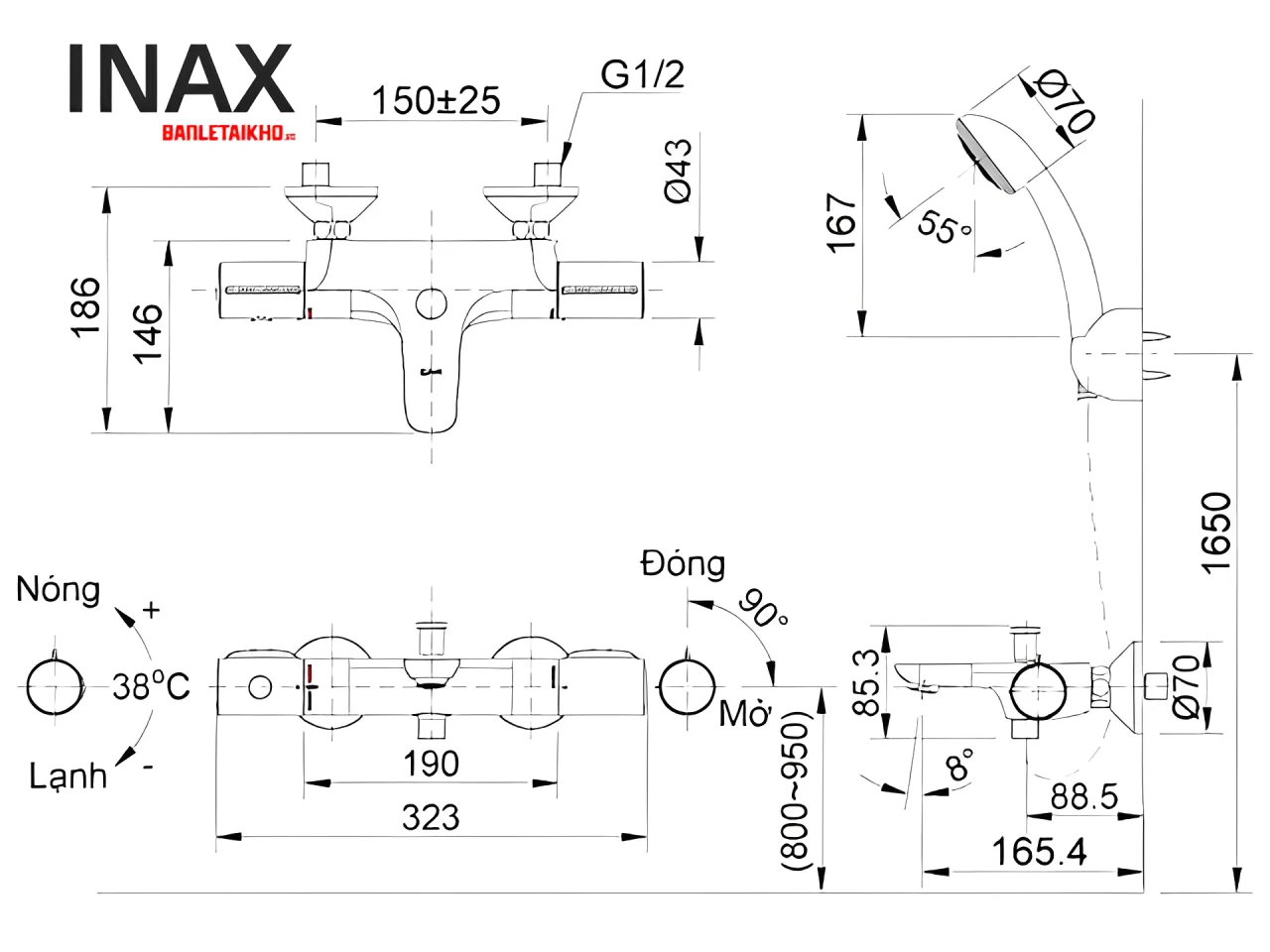 Vòi Sen Tắm INAX BFV-3413T-4C (BFV3413T4C) Nhiệt Độ Tự Động 37 Bản vẽ vòi sen tắm INAX BFV-3413T-4C nhiệt độ