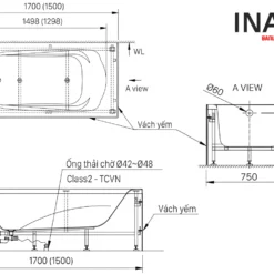 Bồn Tắm INAX FBV-1702SL (FBV1702SL) Chân Yếm Trái Dài 1.7M 6 Bản vẽ Bồn tắm chân yếm INAX FBV-1702SL