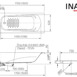 Bồn Tắm INAX FBV-1700R (FBV1700R) Xây 1.7M Dòng Ocean 7 Bản vẽ Bồn tắm INAX FBV-1700R/BW1