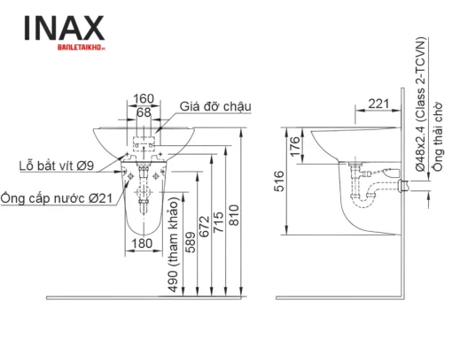 Bản vẽ chân chậu lavabo lửng INAX L-288VC (L288VC)