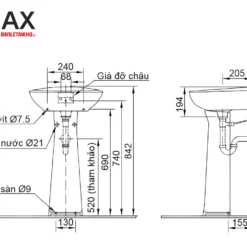 Bản vẽ CHÂN CHẬU RỬA INAX L-284VD TREO TƯỜNG