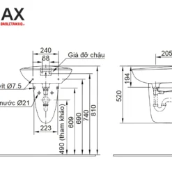 Chân Ngắn Lavabo INAX L-284VC (L284VC) Treo Tường (L-284V) 9 Bản vẽ Chân lavabo ngắn INAX L-284VC/BW1 treo tường