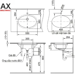 Bản vẽ chậu rửa lavabo âm bàn đá INAX AL-2216V