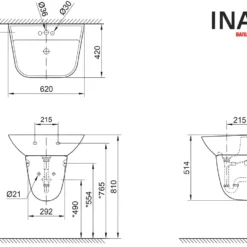 Bản vẽ Chậu Rửa Lavabo Inax L-297V (L297V) Treo Tường