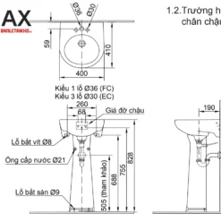 Chậu Rửa Lavabo INAX L-282V (L282V) Treo Tường 410x440mm 13 Bản vẽ chậu rửa lavabo treo tường INAX L-282V (L282V)