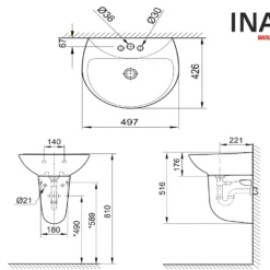 Bản vẽ Chậu rửa lavabo treo tường INAX L-285V với chân chậu ngắn