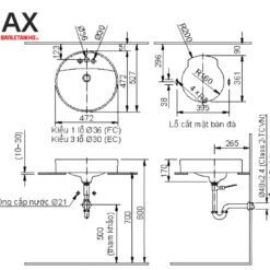 Chậu Rửa Lavabo INAX AL-294V (AL294V) Aqua Ceramic Đặt Bàn 7 Bản vẽ chậu rửa mặt lavabo đặt bàn INAX AL-294V