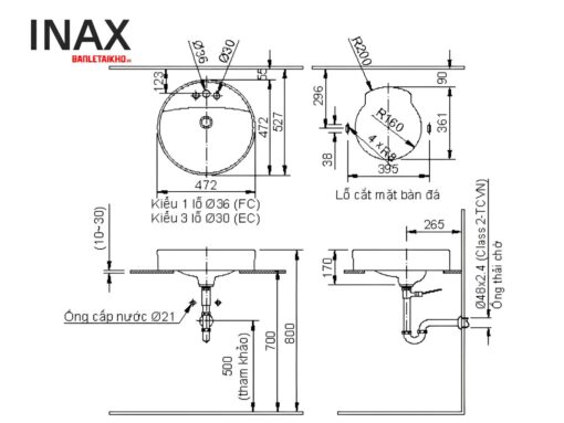 Bản vẽ chậu rửa mặt lavabo đặt bàn INAX AL-294V