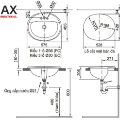 Chậu Rửa Lavabo INAX AL-2395V (AL2395V) Dương Vành Aqua Ceramic 7 Bản vẽ chậu rửa mặt lavabo INAX AL-2395V (AL2395V) dương vành