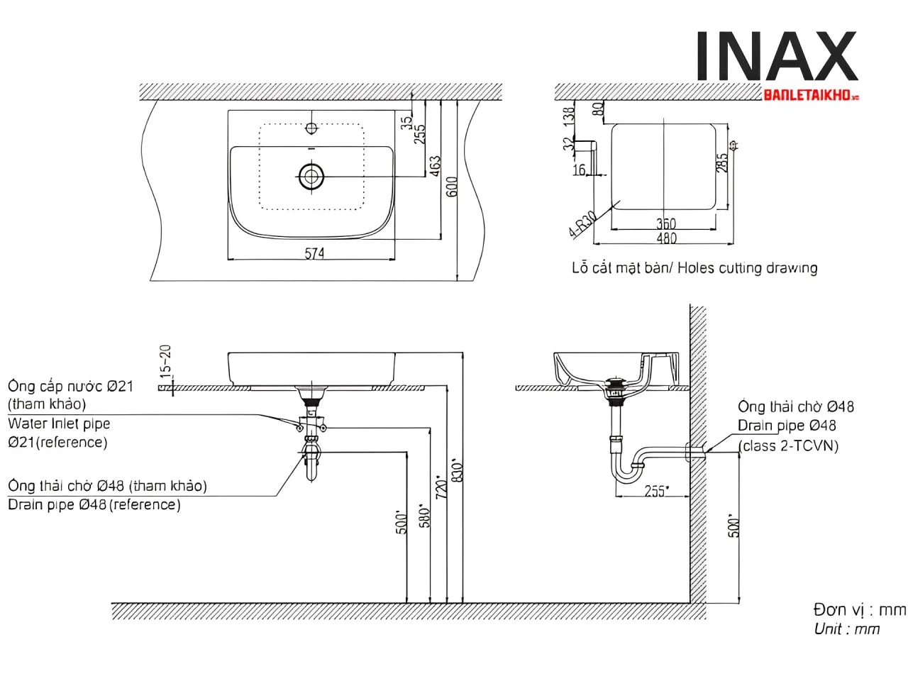 Chậu Rửa Lavabo INAX AL-632V (AL632V) Aqua Ceramic Đặt Bàn 13 Bản vẽ lắp đặt Chậu rửa mặt lavabo đặt bàn INAX AL-632V men Aqua Ceramic