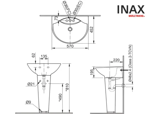 Bản vẽ lắp đặt lavabo INAX treo tường L-288V cho chân chậu dài