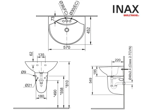 Bản vẽ lắp đặt lavabo INAX treo tường L-288V (L288V) cho chân chậu ngắn