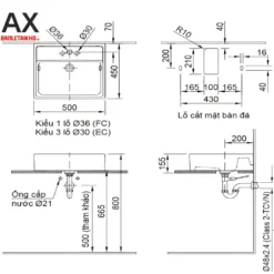 Bản vẽ Chậu Rửa Lavabo INAX L-293V (L293V) Đặt Bàn Chữ Nhật
