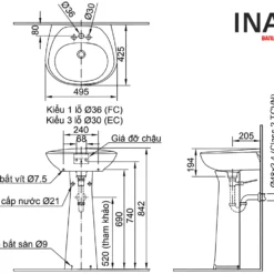 Chậu Rửa Lavabo INAX L-284V/L-284VD Kèm Chân Dài Treo Tường 7 Bản vẽ Lavabo Treo Tường INAX L-284V/L-284VD Kèm Chân Dài