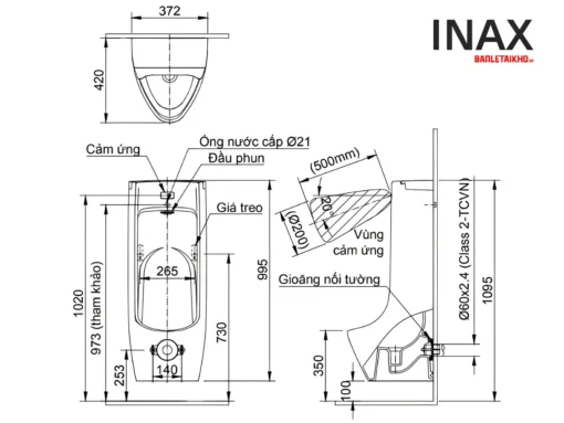Bản vẽ Bồn tiểu nam treo tường INAX ASU-500V