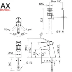 Bản vẽ Vòi chậu rửa mặt INAX LFV-6012S - Nóng lạnh