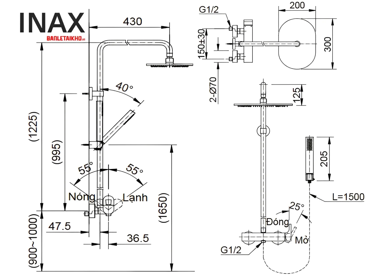 Bản vẽ INAX BFV-60S - Vòi sen cây nóng lạnh 