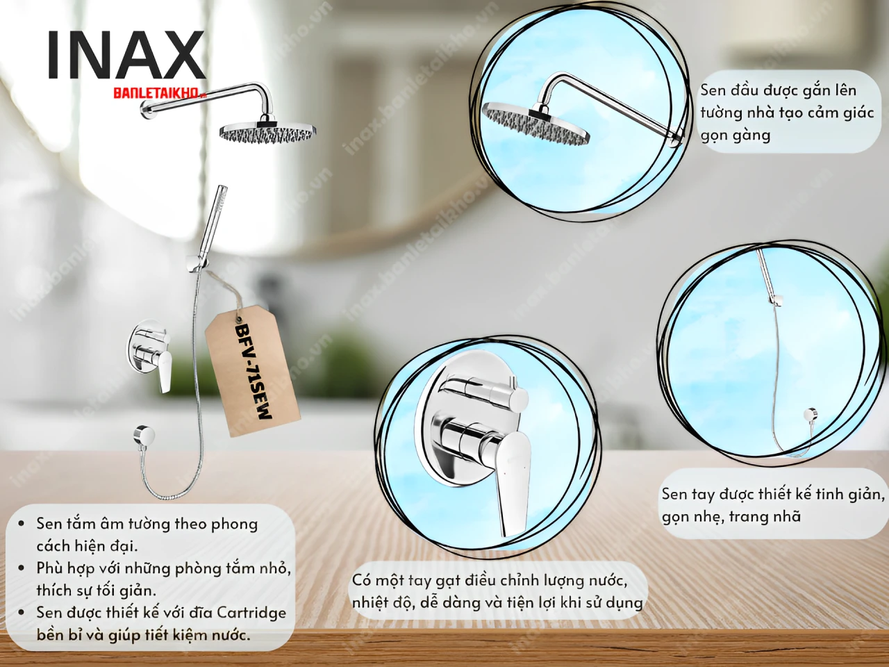 Vòi Sen Tắm Âm Tường INAX BFV-71SEW (BFV71SEW) Nóng Lạnh 4 Tính năng vòi sen âm tường INAX BFV-71SEW