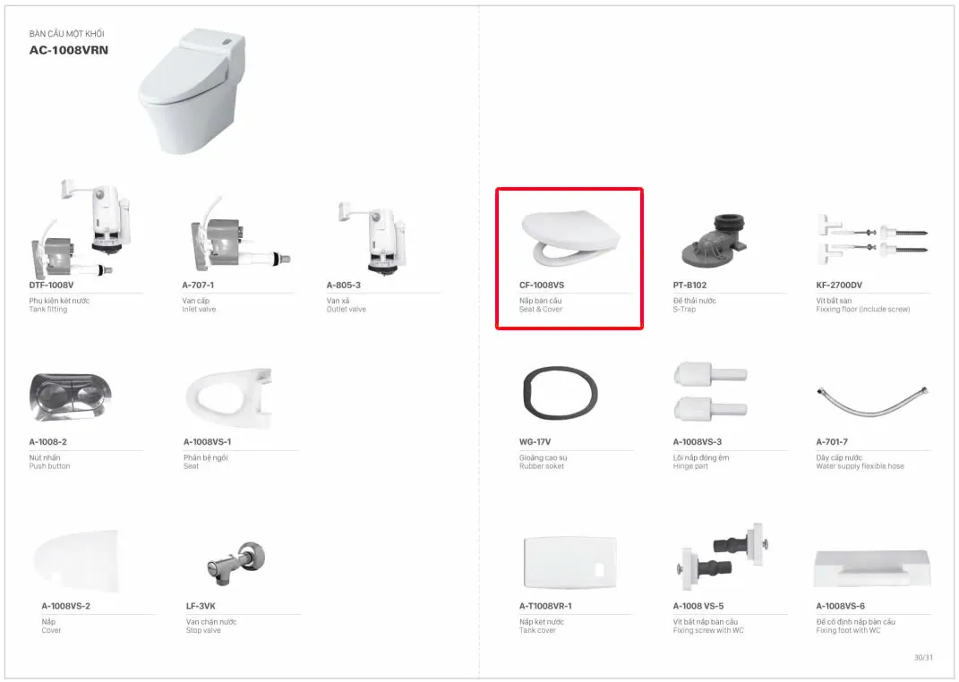 Nắp Bồn Cầu INAX CF-1008VS (AC-1008VRN, AC-1017VRN) Đóng Êm 5 phụ kiện cầu 1008