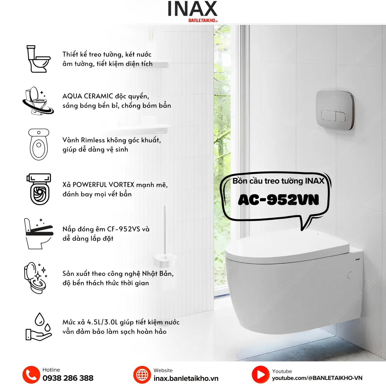 Thông tin chi tiết về bồn cầu treo tường INAX AC-952VN