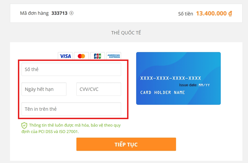 Thanh toán qua thẻ quốc tế (Visa/MasterCard)