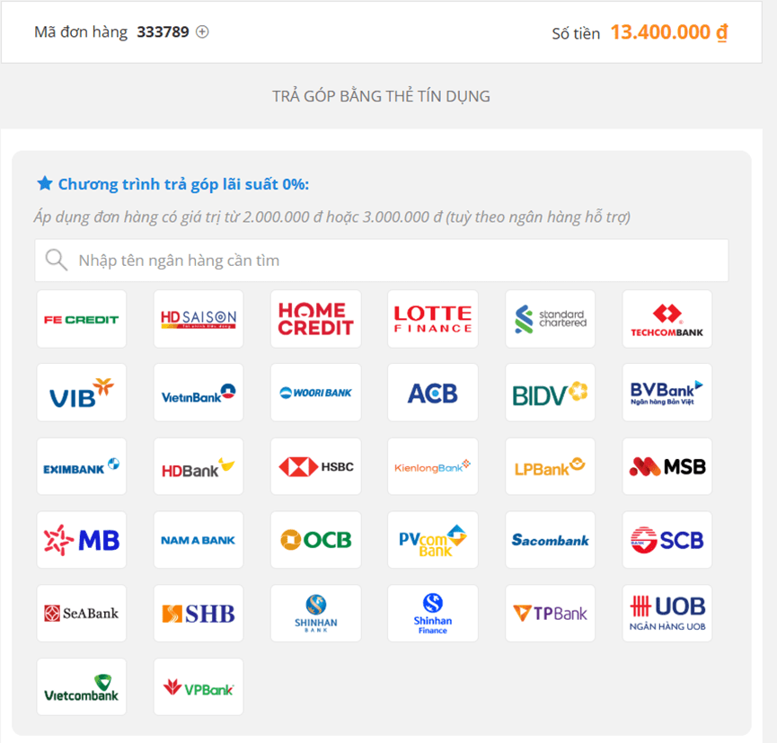Thanh toán trả góp bằng thẻ tín dụng