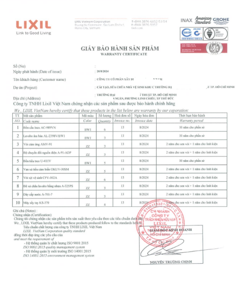 Phiếu bảo hành inax 2025
