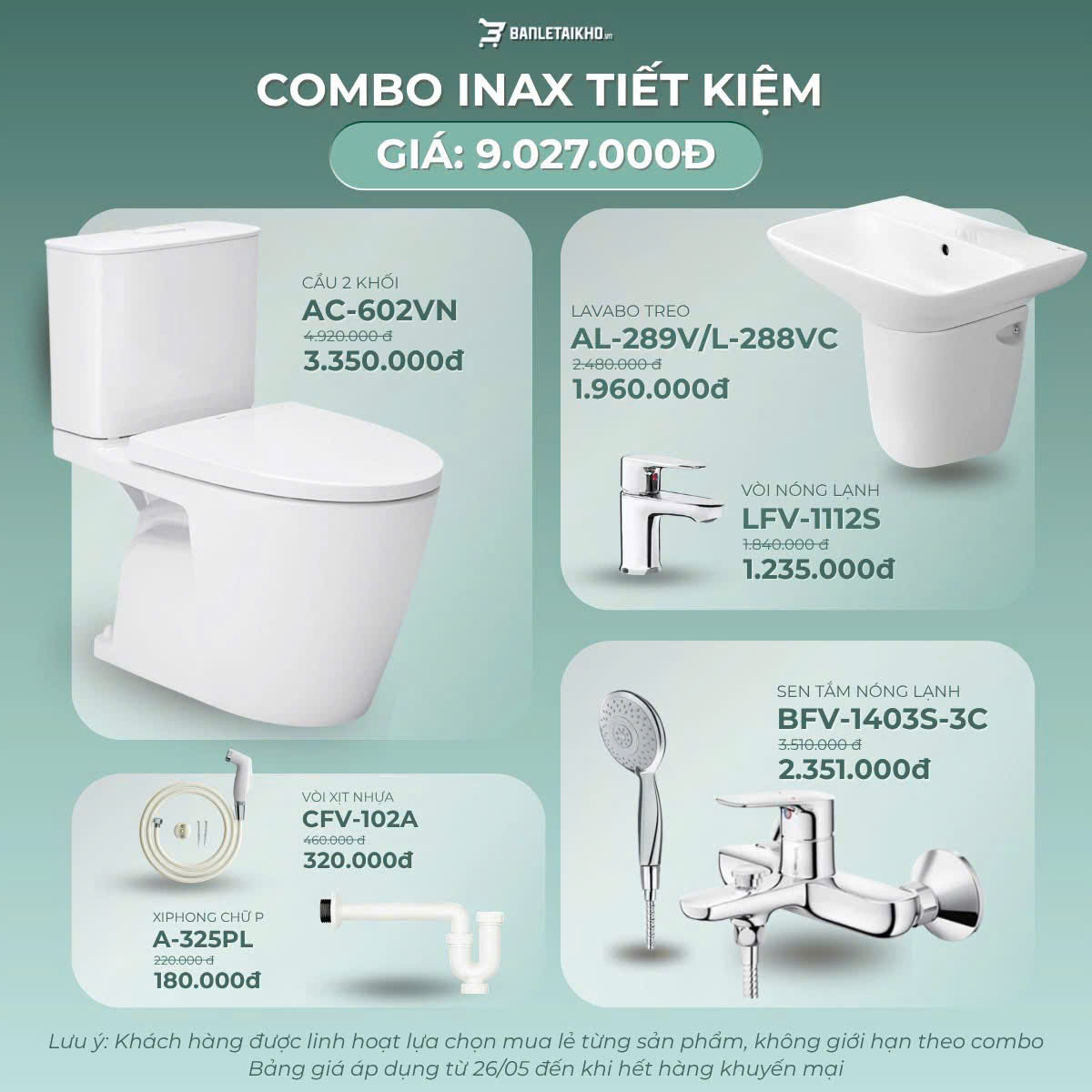 Combo INAX Đẳng Cấp có Bồn cầu AC-602VN 2 hinh compo cso ac 602